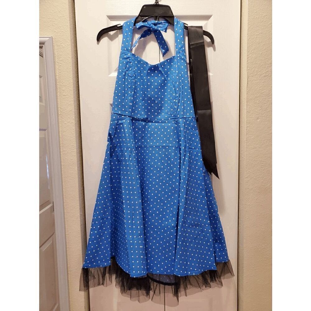 💙 NWT Pinup Retro 1950s Blue Polka Dot Tulle Hem Halter Tea Dress with Belt M - Picture 8 of 14